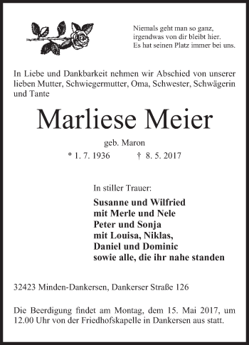 Anzeige von Marliese Meier von Mindener Tageblatt