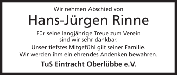 Anzeige von Hans-Jürgen Rinne von Mindener Tageblatt