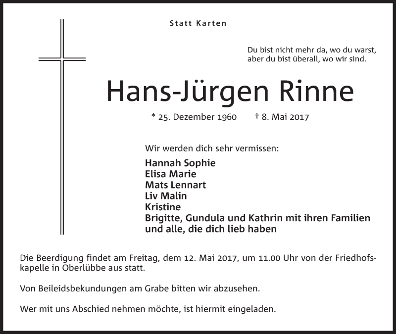  Traueranzeige für Hans-Jürgen Rinne vom 10.05.2017 aus Mindener Tageblatt