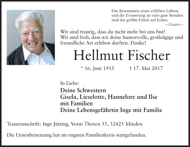  Traueranzeige für Hellmut Fischer vom 17.06.2017 aus Mindener Tageblatt
