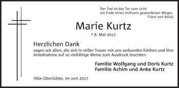 Anzeige von Marie Kurtz von Mindener Tageblatt