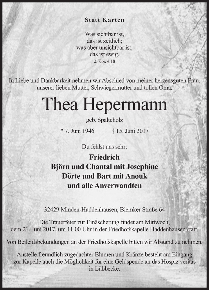  Traueranzeige für Thea Hepermann vom 17.06.2017 aus Mindener Tageblatt
