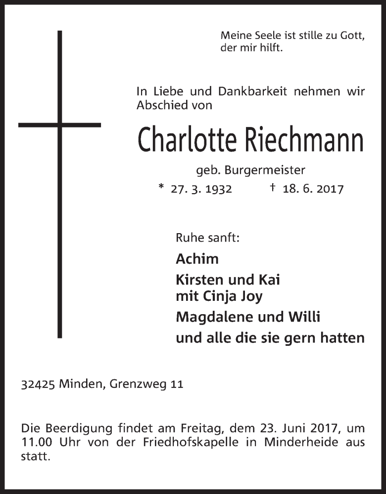  Traueranzeige für Charlotte Riechmann vom 21.06.2017 aus Mindener Tageblatt