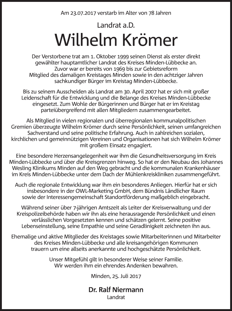 Traueranzeige für Wilhelm Krömer vom 26.07.2017 aus Mindener Tageblatt
