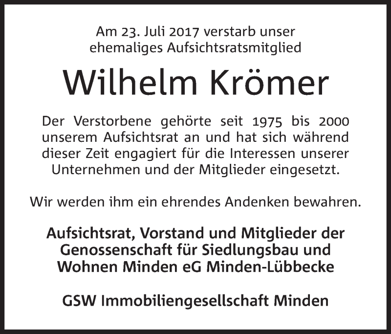  Traueranzeige für Wilhelm Krömer vom 26.07.2017 aus Mindener Tageblatt