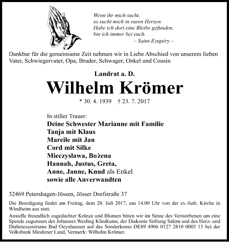 Traueranzeige für Wilhelm Krömer vom 25.07.2017 aus Mindener Tageblatt
