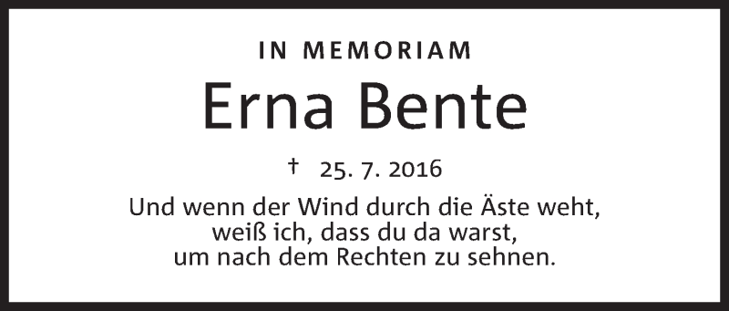  Traueranzeige für Erna Bente vom 25.07.2017 aus Mindener Tageblatt