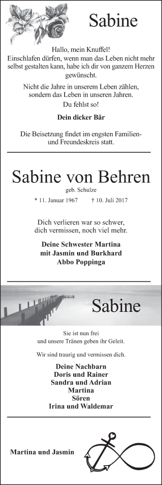  Traueranzeige für Sabine von Behren vom 22.07.2017 aus Mindener Tageblatt