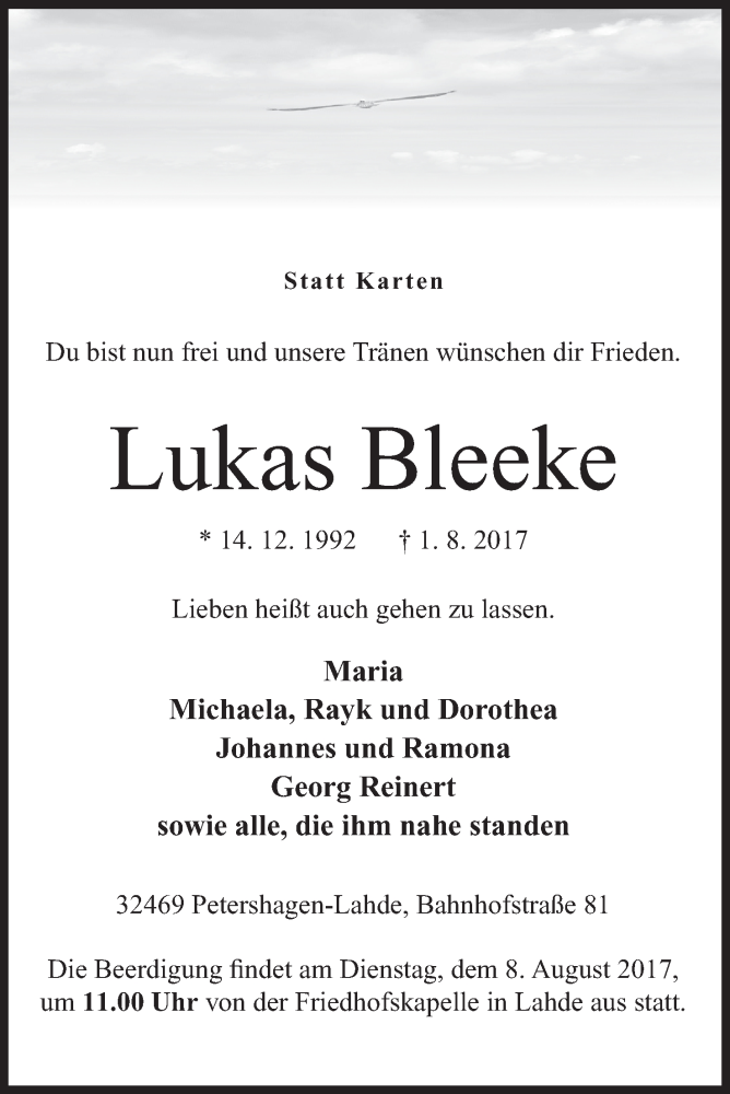  Traueranzeige für Lukas Bleeke vom 05.08.2017 aus Mindener Tageblatt