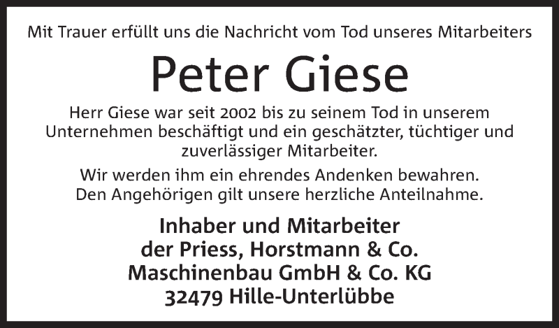  Traueranzeige für Peter Giese vom 22.08.2017 aus Mindener Tageblatt