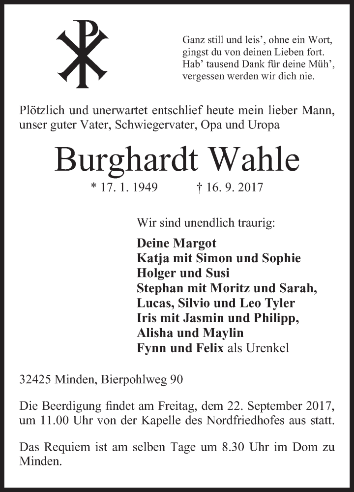  Traueranzeige für Burghardt Wahle vom 19.09.2017 aus Mindener Tageblatt