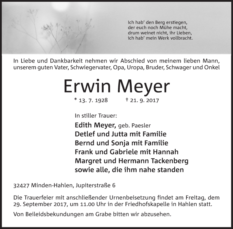  Traueranzeige für Erwin Meyer vom 25.09.2017 aus Mindener Tageblatt