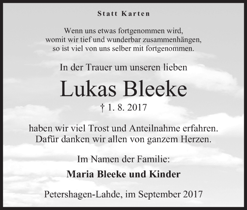  Traueranzeige für Lukas Bleeke vom 09.09.2017 aus Mindener Tageblatt