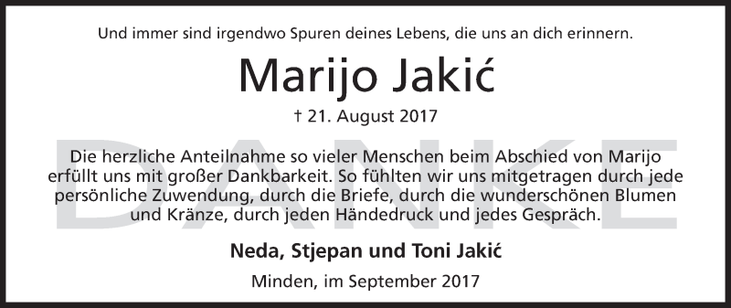  Traueranzeige für Marijo Jakic vom 16.09.2017 aus Mindener Tageblatt