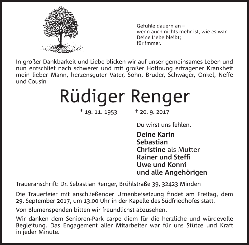  Traueranzeige für Rüdiger Renger vom 23.09.2017 aus Mindener Tageblatt
