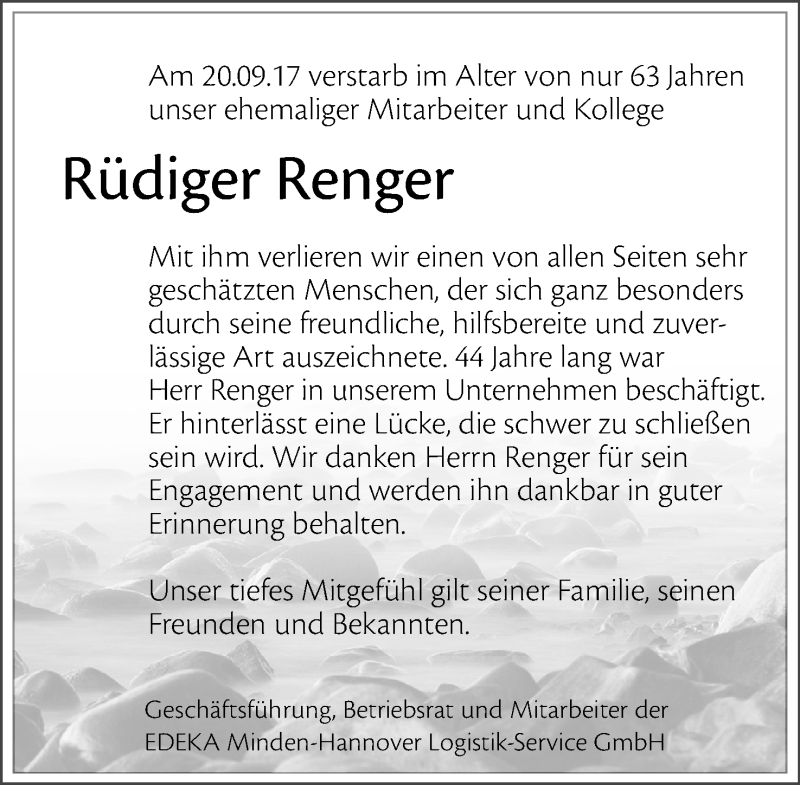  Traueranzeige für Rüdiger Renger vom 29.09.2017 aus Mindener Tageblatt