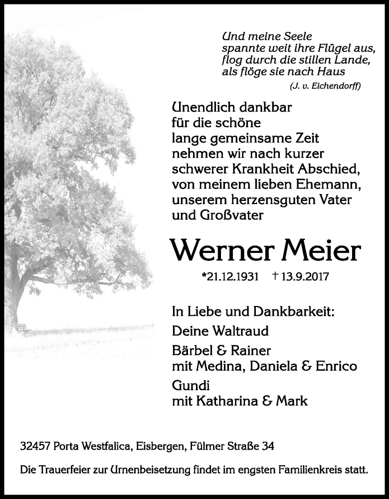 Traueranzeige für Werner Meier vom 16.09.2017 aus Mindener Tageblatt