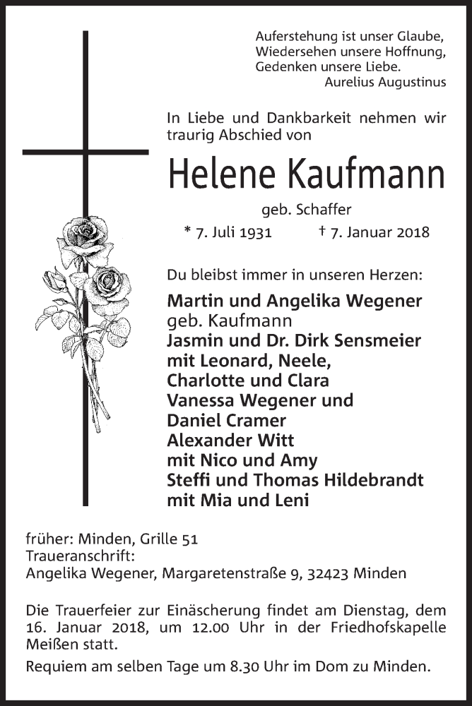  Traueranzeige für Helene Kaufmann vom 11.01.2018 aus 