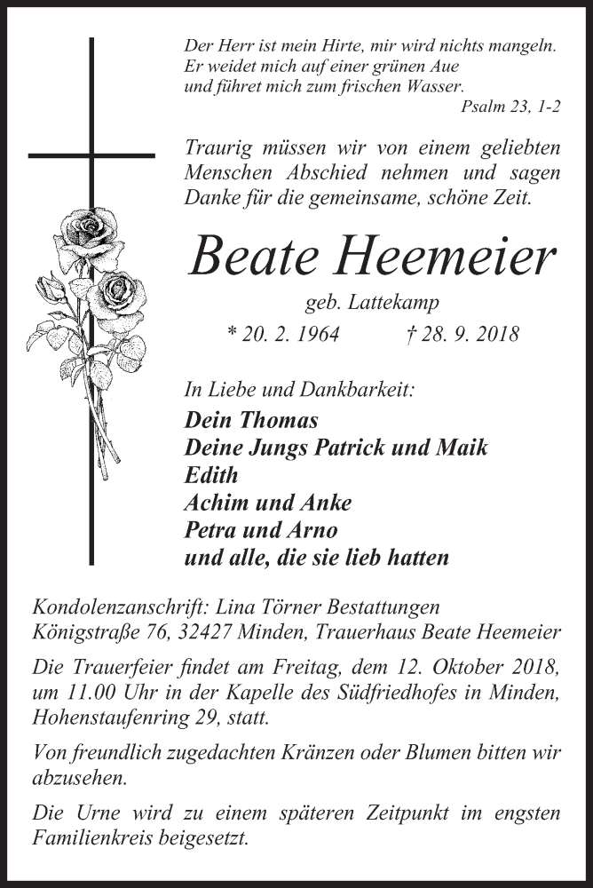  Traueranzeige für Beate Heemeier vom 06.10.2018 aus Mindener Tageblatt