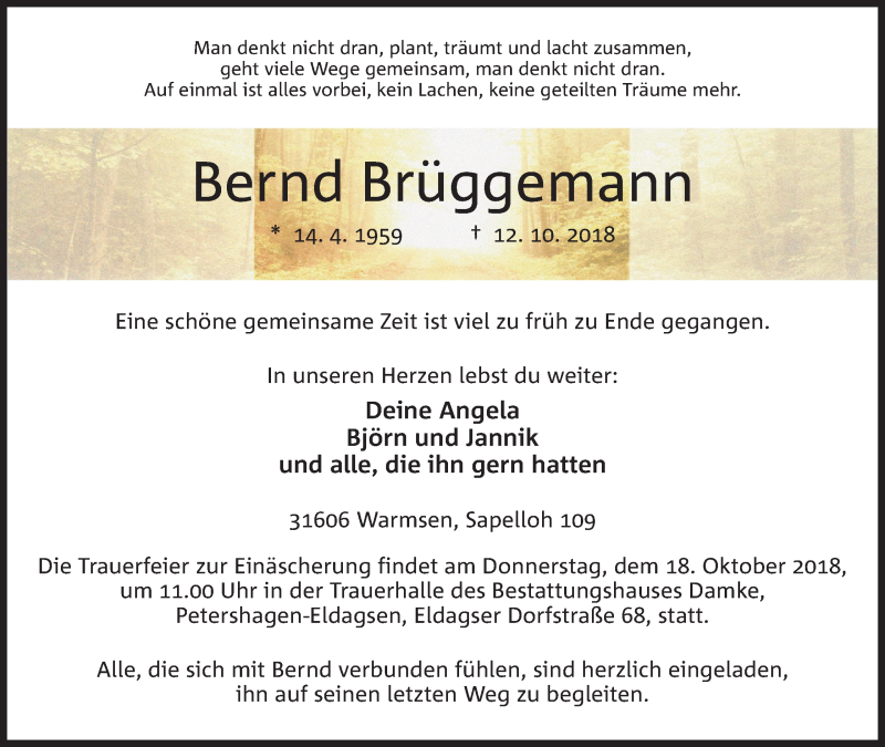  Traueranzeige für Bernd Brüggemann vom 15.10.2018 aus Mindener Tageblatt