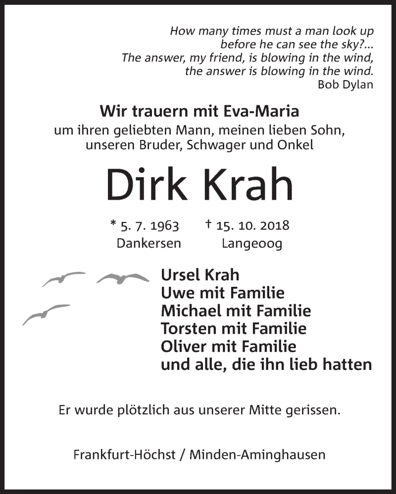  Traueranzeige für Dirk Krah vom 18.10.2018 aus Mindener Tageblatt