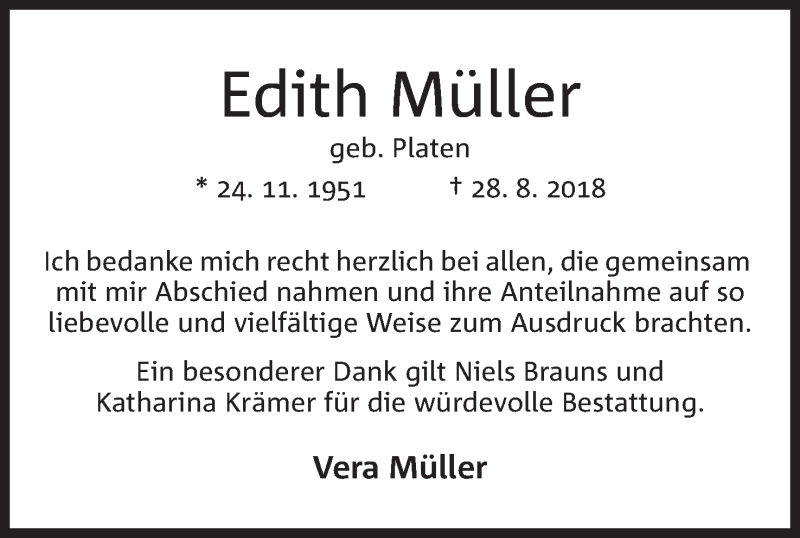  Traueranzeige für Edith Müller vom 10.10.2018 aus Mindener Tageblatt