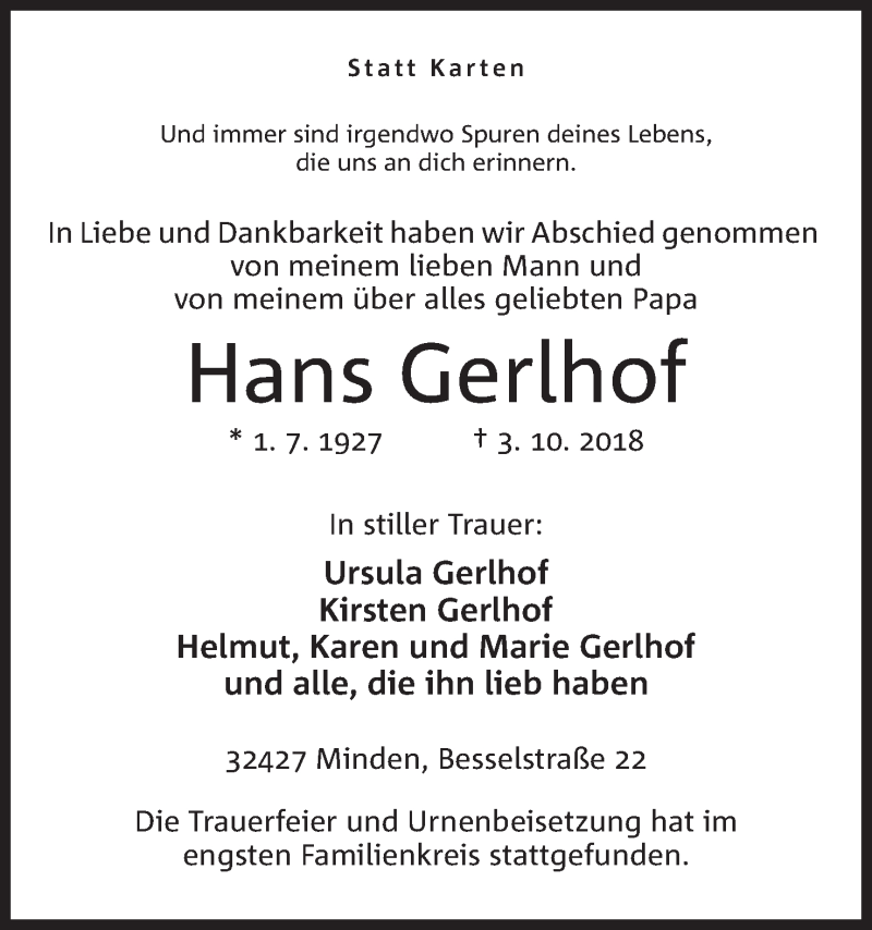  Traueranzeige für Hans Gerlhof vom 20.10.2018 aus Mindener Tageblatt