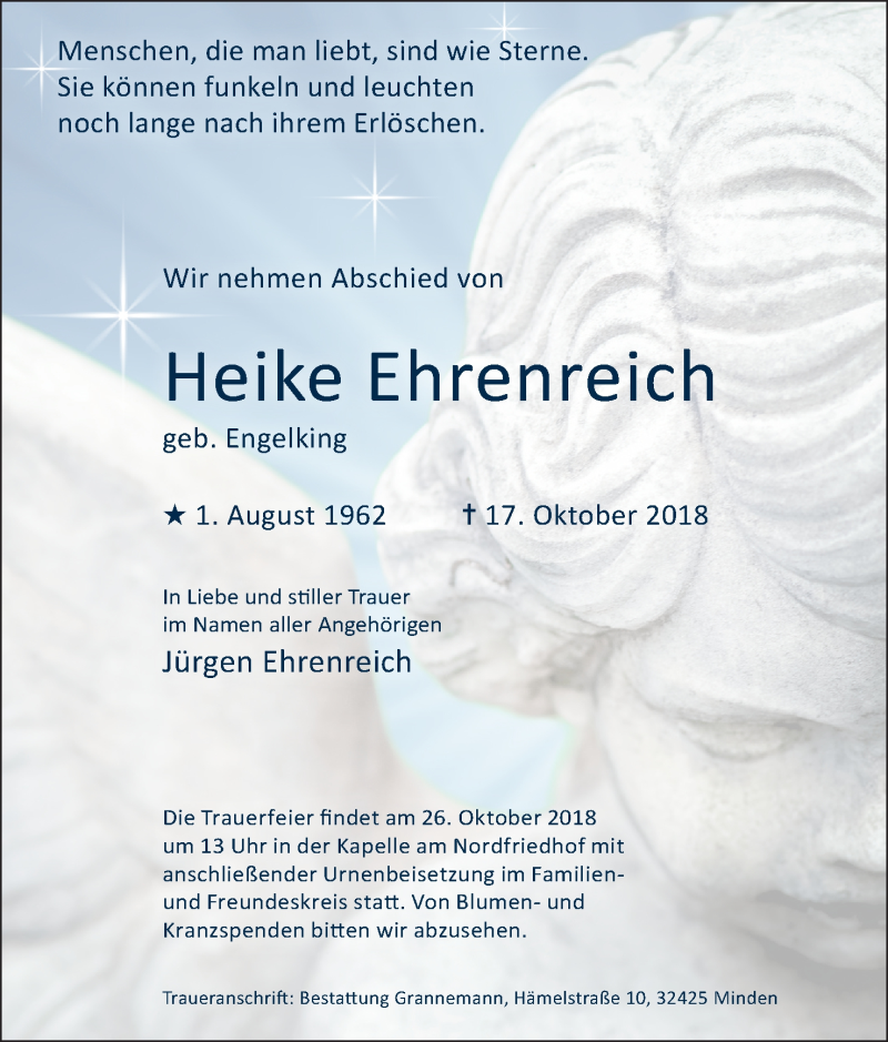  Traueranzeige für Heike Ehrenreich vom 20.10.2018 aus Mindener Tageblatt