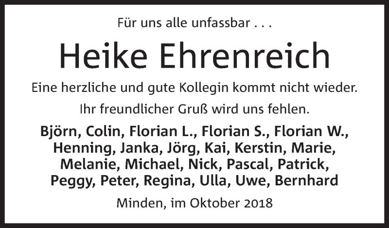  Traueranzeige für Heike Ehrenreich vom 20.10.2018 aus Mindener Tageblatt