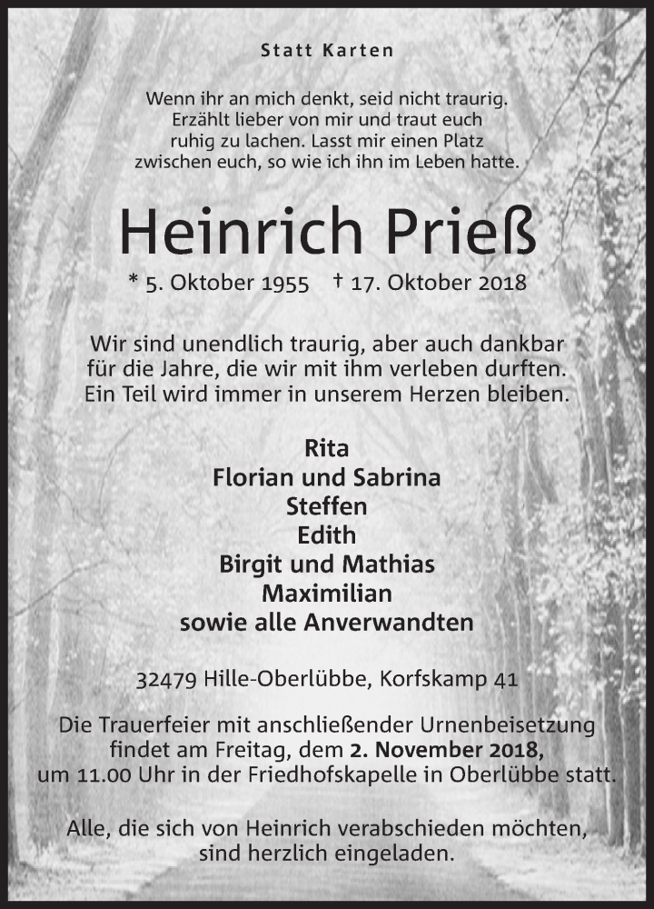 Traueranzeige für Heinrich Prieß vom 20.10.2018 aus Mindener Tageblatt