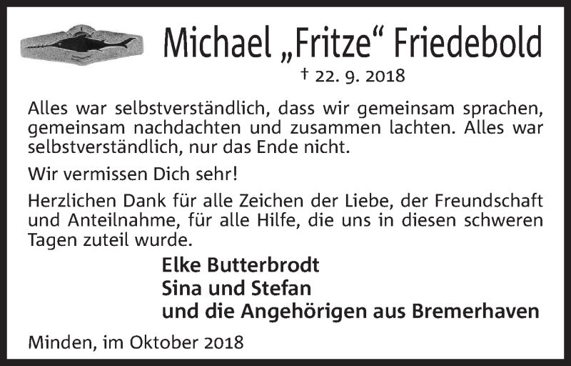  Traueranzeige für Michael Friedebold vom 27.10.2018 aus Mindener Tageblatt