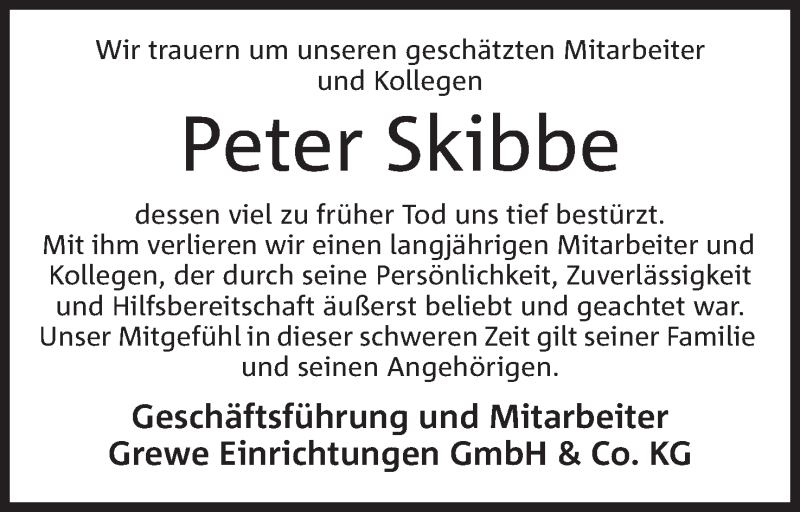  Traueranzeige für Peter Skibbe vom 03.10.2018 aus Mindener Tageblatt