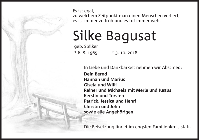  Traueranzeige für Silke Bagusat vom 13.10.2018 aus Mindener Tageblatt