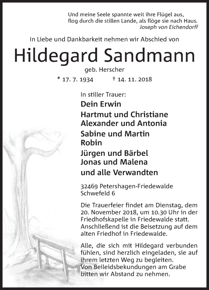  Traueranzeige für Hildegard Sandmann vom 16.11.2018 aus Mindener Tageblatt