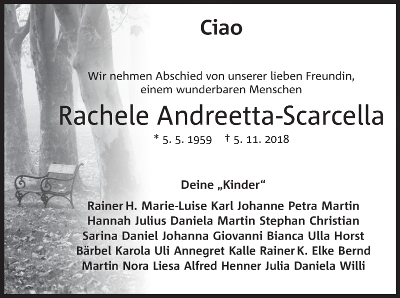  Traueranzeige für Rachele Andreetta-Scarcella vom 10.11.2018 aus Mindener Tageblatt