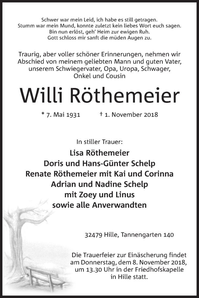  Traueranzeige für Willi Röthemeier vom 05.11.2018 aus Mindener Tageblatt