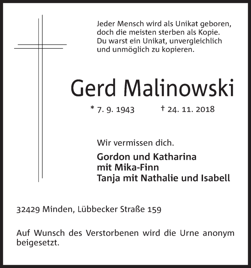  Traueranzeige für Gerd Malinowski vom 01.12.2018 aus Mindener Tageblatt