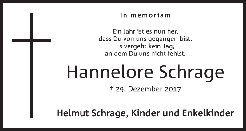  Traueranzeige für Hannelore Schrage vom 29.12.2018 aus Mindener Tageblatt