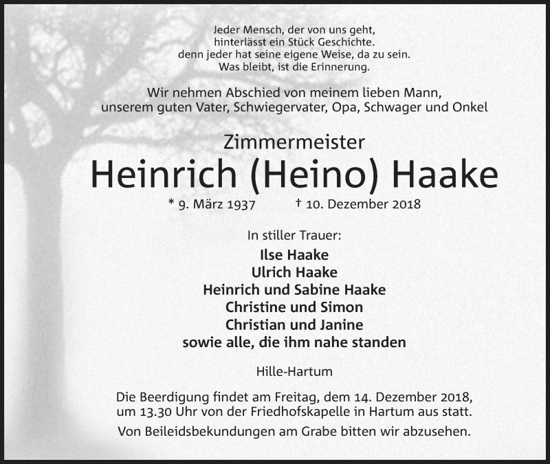  Traueranzeige für Heinrich Haake vom 12.12.2018 aus Mindener Tageblatt