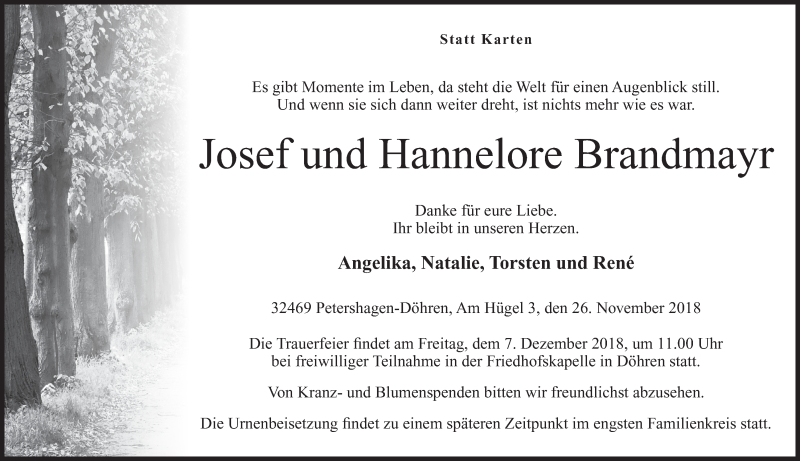  Traueranzeige für Josef Brandmayr vom 01.12.2018 aus Mindener Tageblatt