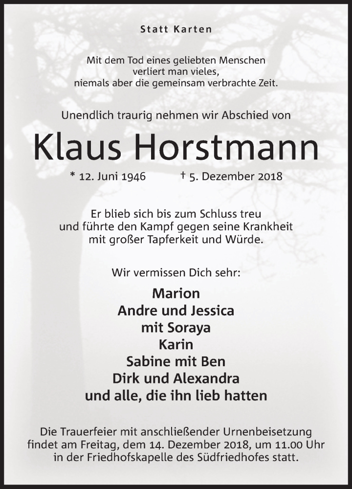  Traueranzeige für Klaus Horstmann vom 08.12.2018 aus Mindener Tageblatt