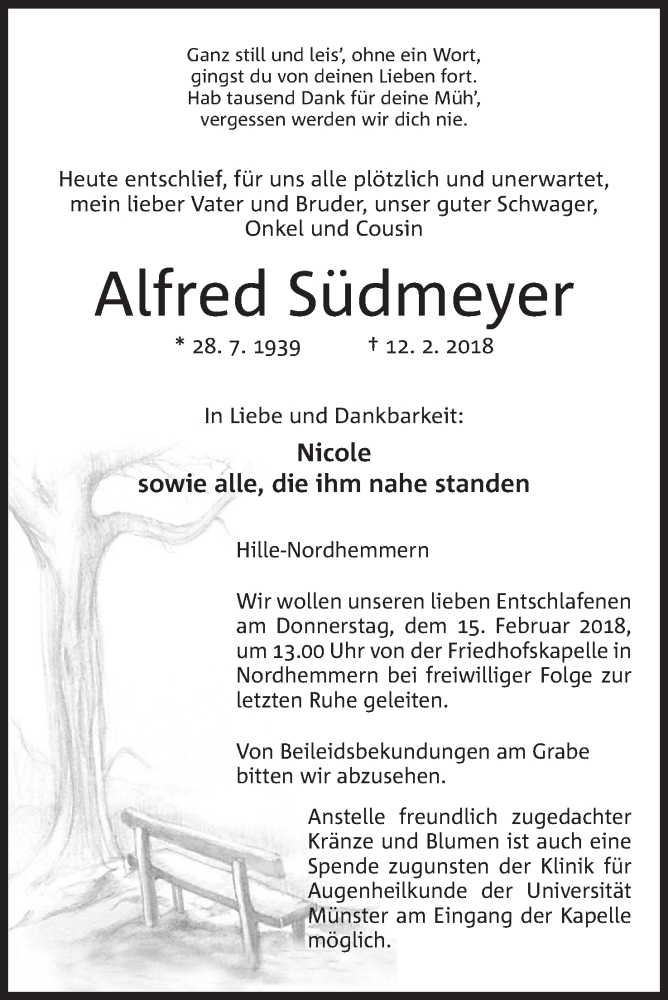  Traueranzeige für Alfred Südmeyer vom 13.02.2018 aus Mindener Tageblatt