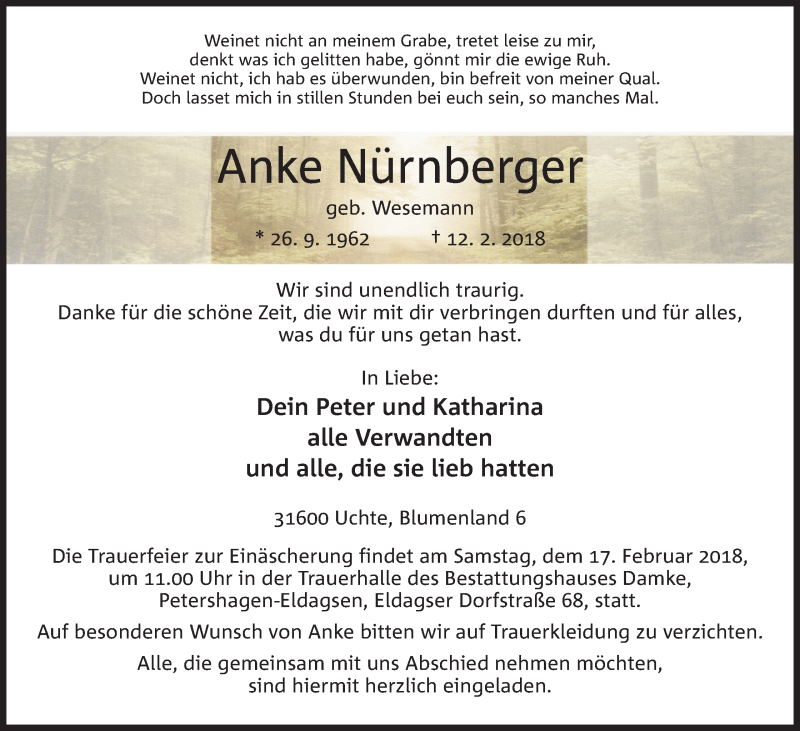  Traueranzeige für Anke Nürnberger vom 15.02.2018 aus Mindener Tageblatt