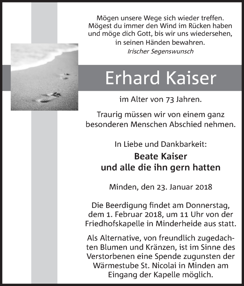  Traueranzeige für Erhard Kaiser vom 30.01.2018 aus Mindener Tageblatt