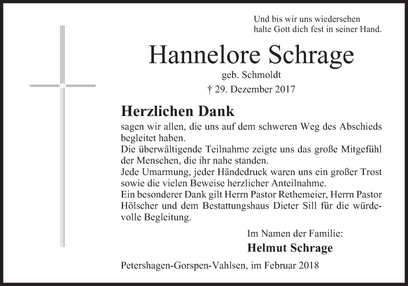  Traueranzeige für Hannelore Schrage vom 03.02.2018 aus Mindener Tageblatt
