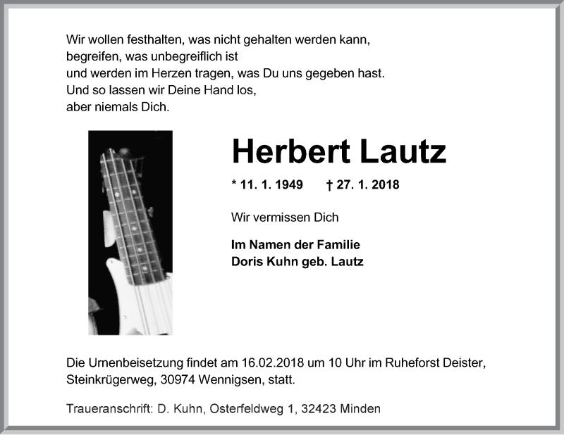  Traueranzeige für Herbert Lautz vom 03.02.2018 aus Mindener Tageblatt