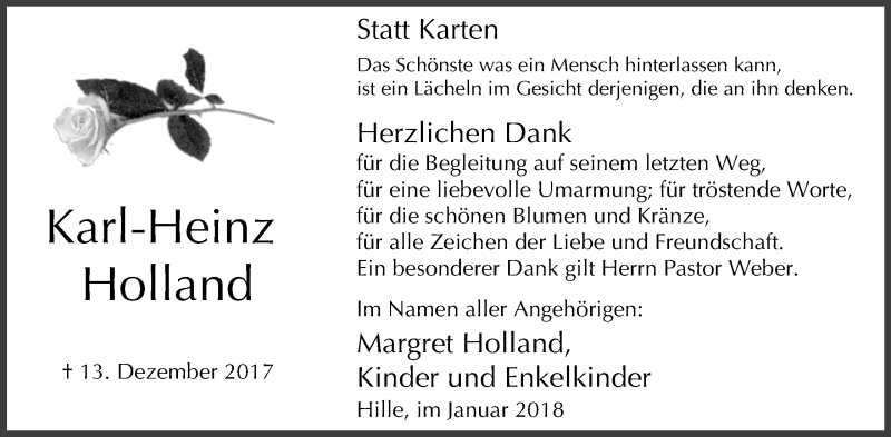  Traueranzeige für Karl-Heinz Holland vom 27.01.2018 aus Mindener Tageblatt