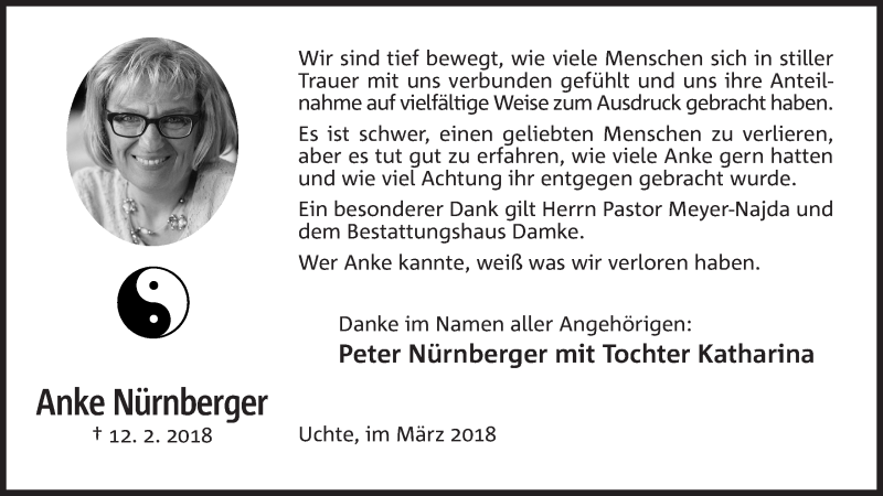  Traueranzeige für Anke Nürnberger vom 30.03.2018 aus Mindener Tageblatt