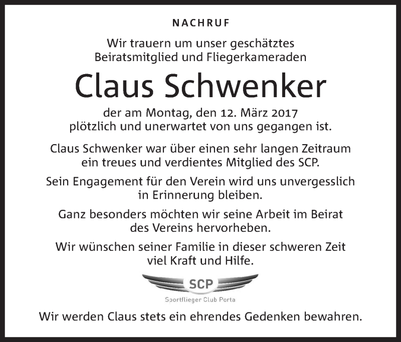  Traueranzeige für Claus Schwenker vom 17.03.2018 aus Mindener Tageblatt