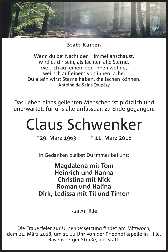  Traueranzeige für Claus Schwenker vom 17.03.2018 aus Mindener Tageblatt